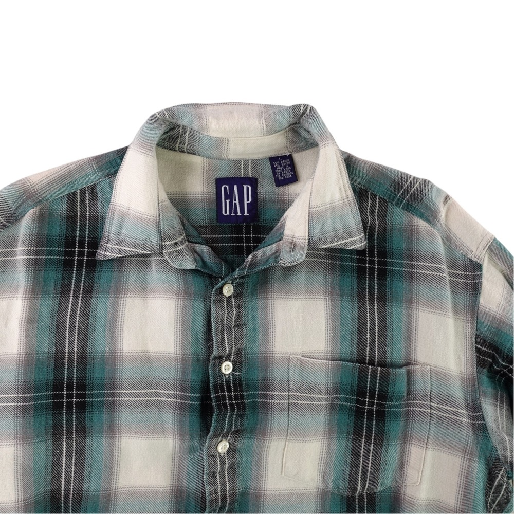 Vintage Gap Button Down Shirt Men Large Teal Plaid Ramie Rayon Long Sleeve 10757
